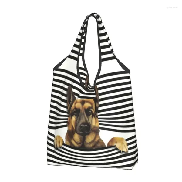 Sacs de rangement personnalisés drôle de berger allemand Puppy Sac à provisions Femmes Portable Grande capacité Épicerie Animal Pet Shopper Tote