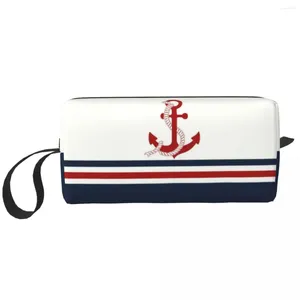 Sacs de rangement Custom Navy Blue Stripes Nautical Anchor Boat Toitrage Sac Femme Femme Organisateur cosmétique Madies Boîte de kit Dopp Beauty