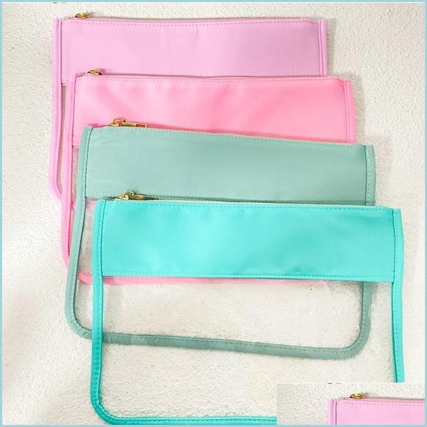 Bolsas de almacenamiento Bolsa de nylon plana transparente personalizada Pvc Bolsa de cosméticos a prueba de agua con letras de bordado de lavanda con cremallera Bolsa para Wo Dhj67