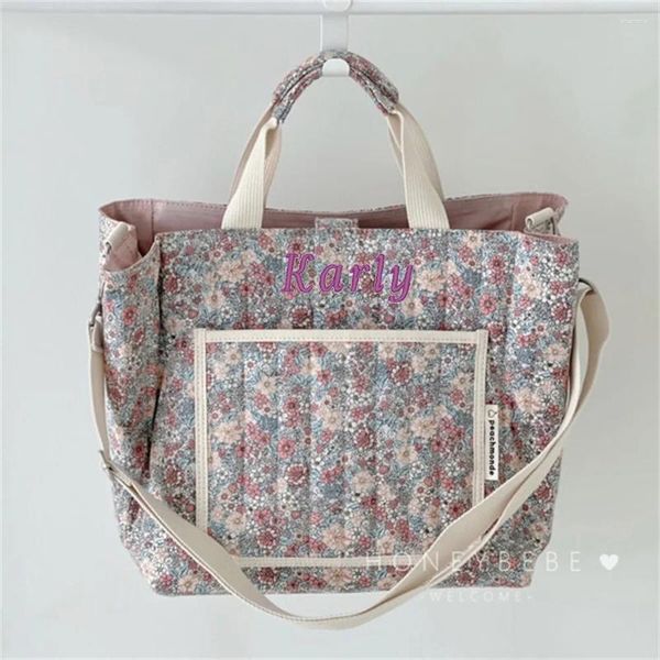 Bolsas de almacenamiento bolso de bordado personalizado con nombre de flor púrpura algodón floral romántico acolchado 2 vías ideales para madres y niñas