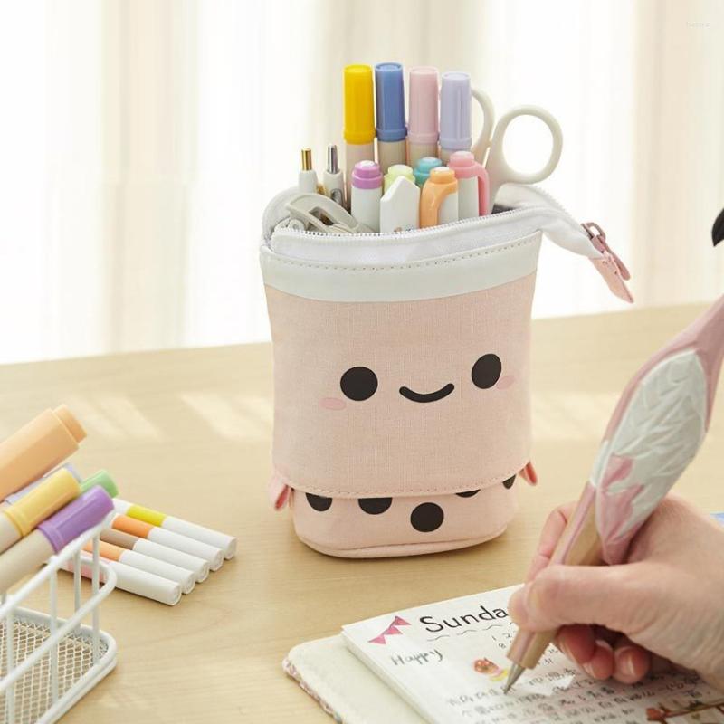 Storage Bags Cute Boba Milk Tea Pen Case Pencil Holder Stationery Stand Up Box Pouch Bag