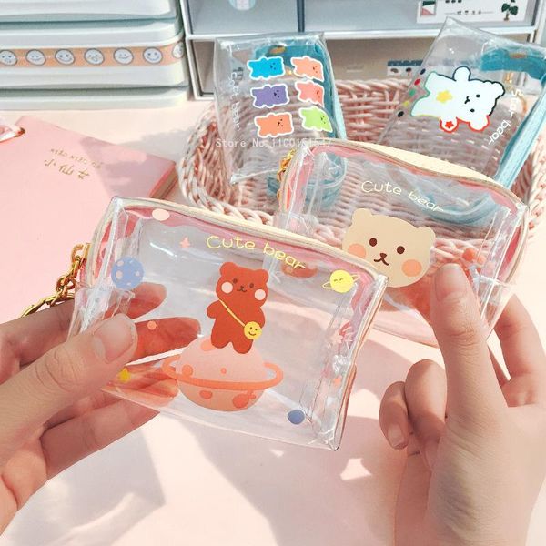 Sacs de rangement mignon dessin animé porte-monnaie fille coeur Mini trompette rouge à lèvres Transparent fermeture éclair PVC étanche Portable BagStorage