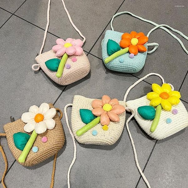 Bolsas de almacenamiento lindos niños hombro de paja flor bebé niñas pequeño cubo bandolera niños niños Mini monedero playa bolsos