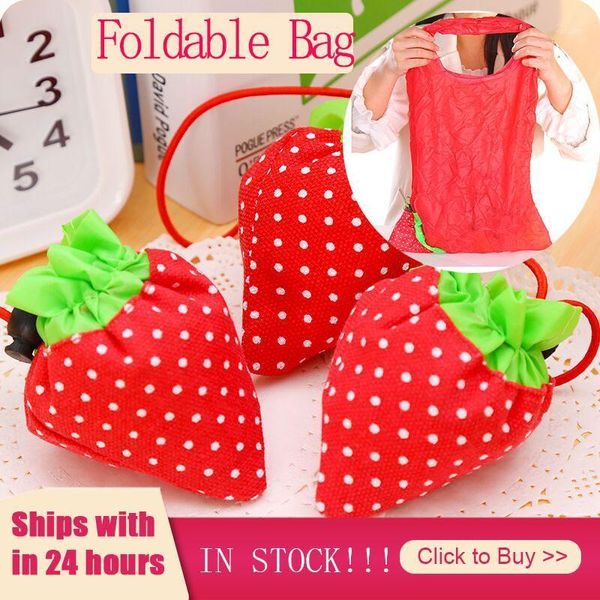 Sacs de rangement mignon pliable fraise nylon fourre-tout ECO réutilisable polyester portable épaule femmes sacs à main pochette pliante sac à provisions maison