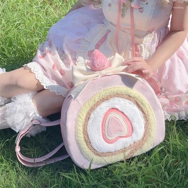 Sacs de rangement Mignon Fraise Gâteau Rouleau Bandoulière Sac À Dos Femmes Doux Kawaii Sac Rose Lolita Fille Mode Polyvalent Cadeau D'anniversaire