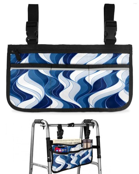 Bolsas de almacenamiento Bolsa de silla de ruedas con líneas abstractas onduladas de color azul oscuro con bolsillos Reposabrazos Lado Scooter eléctrico Bolsa para caminar