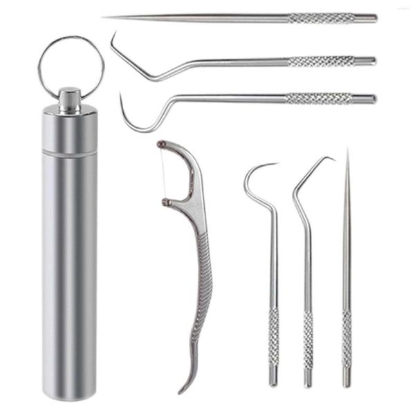 Bolsas de almacenamiento Selecciones dentales para limpieza de dientes Kit de dientes portátil Palillos de dientes de metal reutilizables con soporte al aire libre