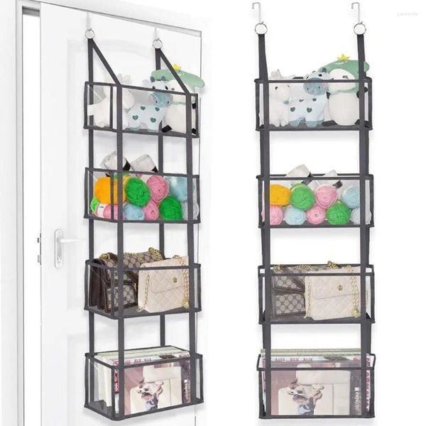 Sacs de rangement, boîte d'armoire suspendue à la porte avec 4 grandes poches en plastique transparentes et 2 crochets métalliques pour salle de jeux, chambre à coucher