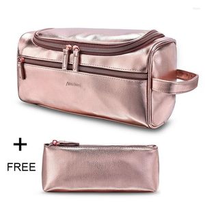 Bolsas de almacenamiento Bolso de cuero de PU de doble capa Estuche de viaje para mujer de oro rosa Bolsa de cosméticos impermeable de gran capacidad Bolsa de aseo para hombres al por mayor