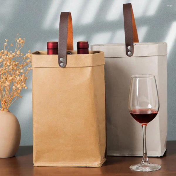 Sacs de rangement Facile à transporter Bouteille de vin Fourre-tout écologique Vintage Sac cadeau Sac à main Ensemble pour voyage Shopping Papier kraft lavé imperméable