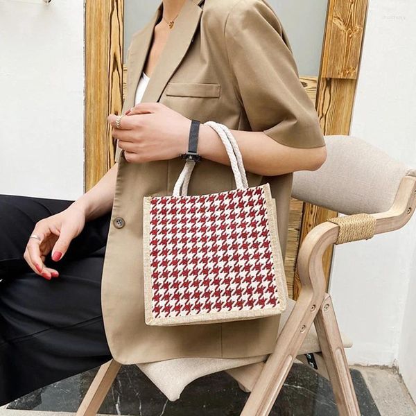 Bolsas de almacenamiento Moda Durable Mujeres Estudiante Algodón Lino Solo bolso de hombro Compras Tote Check Plaid Femenino Lino Lienzo / BS