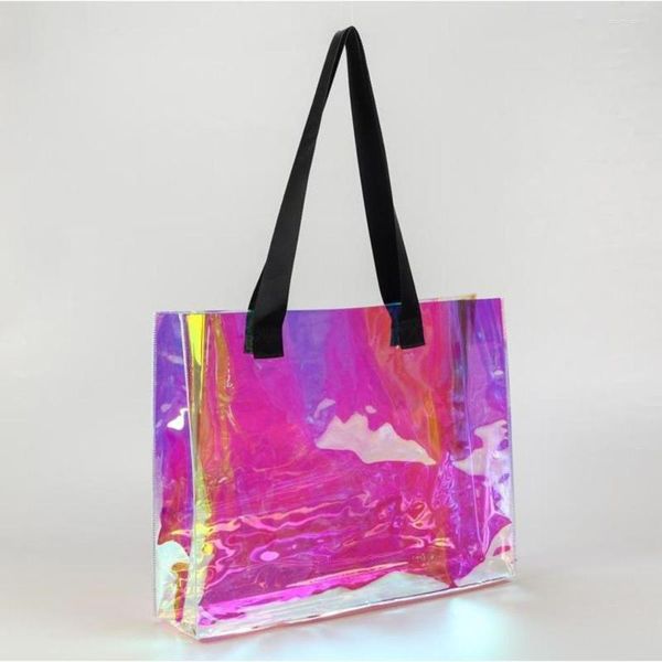 Sacs de rangement Sac fourre-tout de mode Sac à main holographique transparent pour la beauté de travail de grande taille et poignée robuste Bolso Holografico