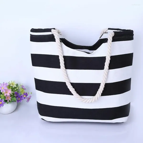 Sacs de rangement Fashion Femmes Sac à bandoulière Handle de corde douce Zipper Blue White Strip Female Tote