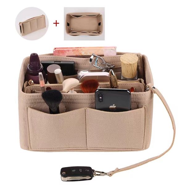 Bolsas de almacenamiento Organizador de maquillaje de fieltro para bolso interior de viaje Bolsa de cosméticos portátil con bolso con cremallera Insertar múltiples bolsillos de gran capacidad