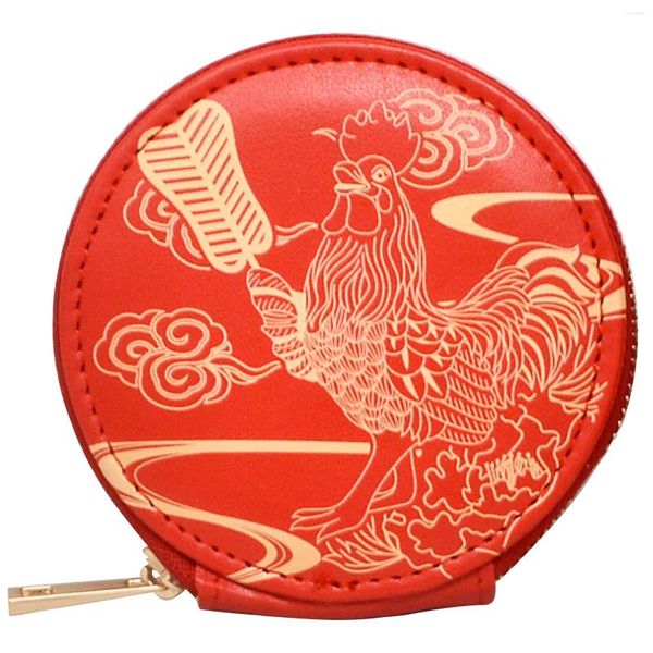 Bolsas de almacenamiento Feng Shui Rooster Coin Wallet Series Zipper PU Bolso de cuero sellado Embrague Roja Top Willet/Key Case