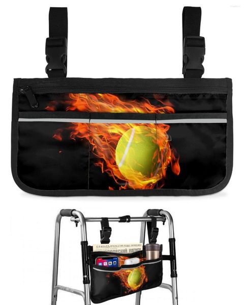 Sacs de rangement Sac de fauteuil roulant noir de tennis de flamme avec poches Bandes réfléchissantes Accoudoir latéral Scooter électrique Pochette de cadre de marche