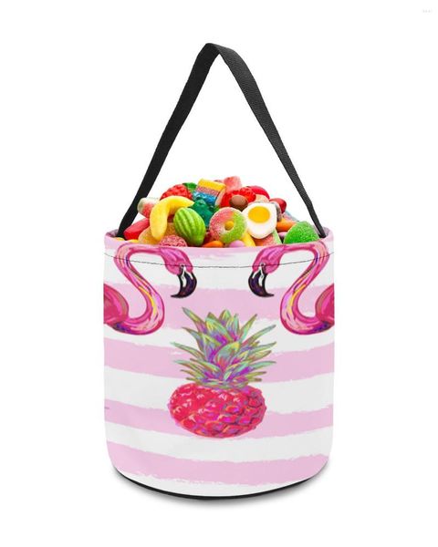 Bolsas de almacenamiento Flamingo Pink White Stripe Basket Candy Bucket Bolsa portátil para el hogar Cesta para niños Juguetes Suministros de decoración para fiestas