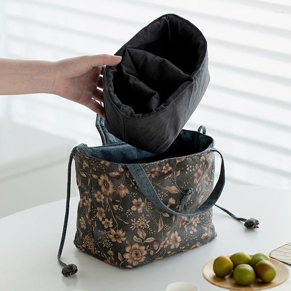 Bolsas de almacenamiento, bolsa Floral, estilo coreano, algodón, lino, grueso, anticolisión, bolso portátil, tetera, taza de té, organizador de viaje G15