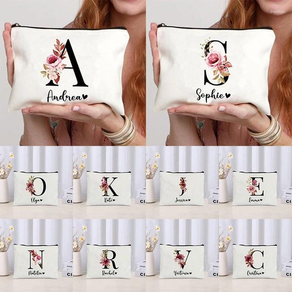 Bolsas de almacenamiento Letras florales Bolsa de cosméticos Nombre personalizado Bolso Boda Regalos de dama de honor Eco Canvas Maquillaje para damas Mujeres Bolsa de inodoro