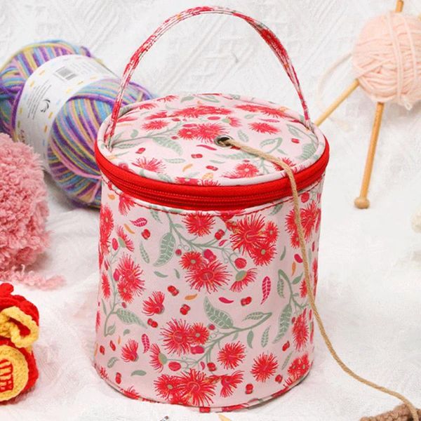 Bolsas de almacenamiento Bolsa de lana con patrón floral Ganchos de ganchillo impermeables Paquete de organización Cremallera abierta para tejer Agujas Herramientas de costura