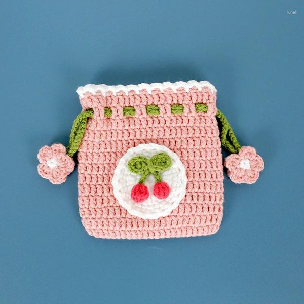 Sacs de rangement Modèle de fruit de fleur Mini changement Sac de sucre Tricot Girl Style Crochet Cordon de manchette Poche Creative Mignon à la main