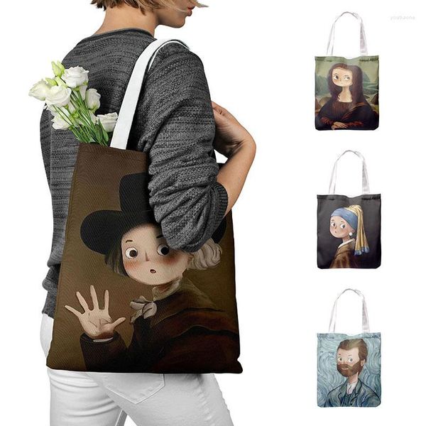 Bolsas de almacenamiento Bolsa de compras plegable Revisión interesante Personaje Pintura al óleo Lienzo impreso Hombro Dibujos animados Bolso divertido