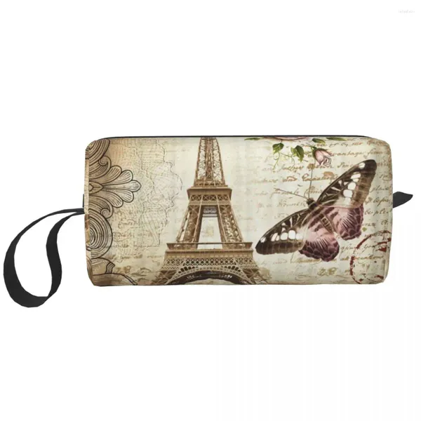 Sacs de rangement France Paris Eiffel Tower Makeup Sac pour les femmes Organisateur de voyage Cosmetic Organisateur mignon Fleur Rose Toiletage