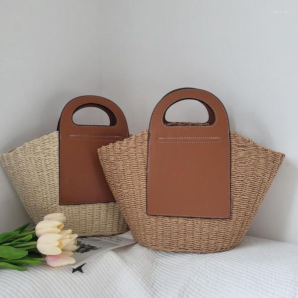 Bolsas de almacenamiento tejidas de paja francesa para mujer, bolsa de teléfono de viaje de gran capacidad, cubo de vacaciones junto al mar, neceser de mano