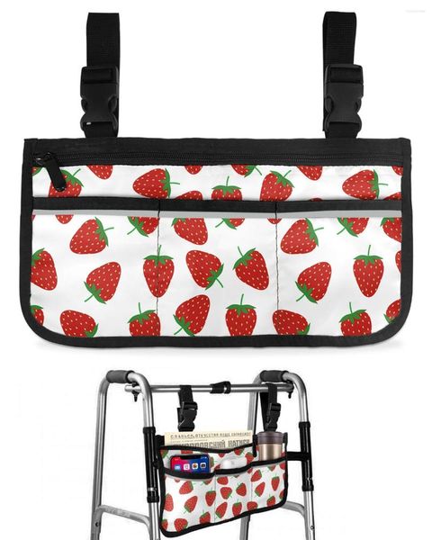 Bolsas de almacenamiento Fruta Fresa Bolsa de silla de ruedas blanca con bolsillos Apoyabrazos Lado Scooter eléctrico Bolsa de marco para caminar