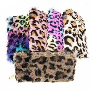 Sacs de rangement dégradé imprimé léopard en peluche portefeuille en polyuréthane pince à billets femmes mode porte-monnaie carte d'identité organisateur sac à fermeture éclair