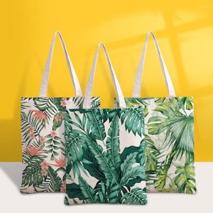 Bolsas de almacenamiento, bolso de mano con flores de hojas verdes para mujer, bolsos de lona, bolso de compras, bolso de diseño reutilizable de tela