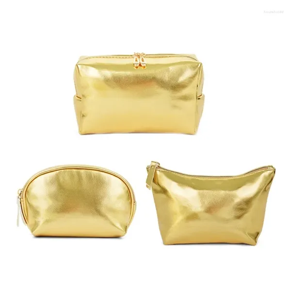 Bolsas de almacenamiento H55A Bolsa de maquillaje de oro de mano Práctico PU Cuero Cosmético Viaje Versátil para uso diario