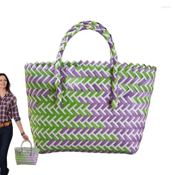 Bolsas de almacenamiento Bolsa de asas tejida a mano Paja Rattan Playa Gran capacidad Hombro de mujer para uso diario Colorido