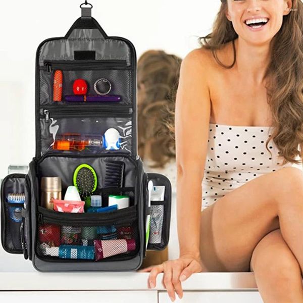 Bolsas de almacenamiento bolsa de lavado de viaje colgable con tocador cosmético multifuncional gris/negro para el maquillaje del hogar
