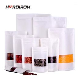 Bolsas de almacenamiento HARDIRON Ventana esmerilada Bolsa de papel Kraft blanco Cremallera de pie Cremallera impermeable Envasado sellado engrosado