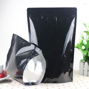 Sacs de rangement de haute qualité 50 pièces/lot, emballage thermoscellé, feuille d'aluminium Mylar, encoche à déchirer, noir brillant, sac debout, vente au détail