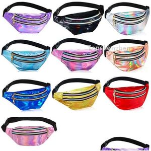 Bolsas de almacenamiento Holográfica Fanny Pack Bolsa de cintura deportiva con cremallera Cinturón ajustable Holograma Color metálico Claro Moda PU para mujeres M DHW01