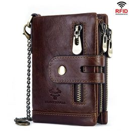 Opbergzakken Humerpaul Leather Lederen heren portemonnee RFID Anti-deft borstel Coin Purse Compact Mini Card Clip Chain Antimagnetic Brown