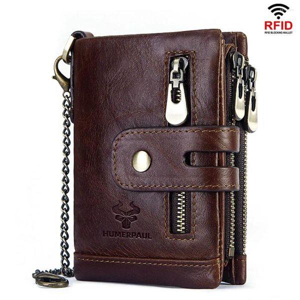 Sacs de rangement Humerpaul en cuir en cuir RFID RFID Antift Brush Coin Purse compact Mini Carte Clip Clip Chaîne antimagnétique Brown