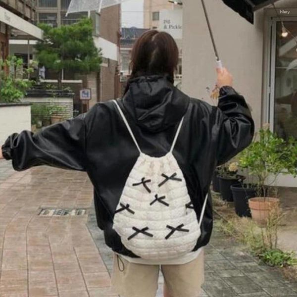 Bolsas de almacenamiento Ins Coreano Dulce Arco Mochila Encantadora A Cuadros Miyagawas Nudo Algodón Cremallera Bolso Hombro Moda Chic Kawaii Chica