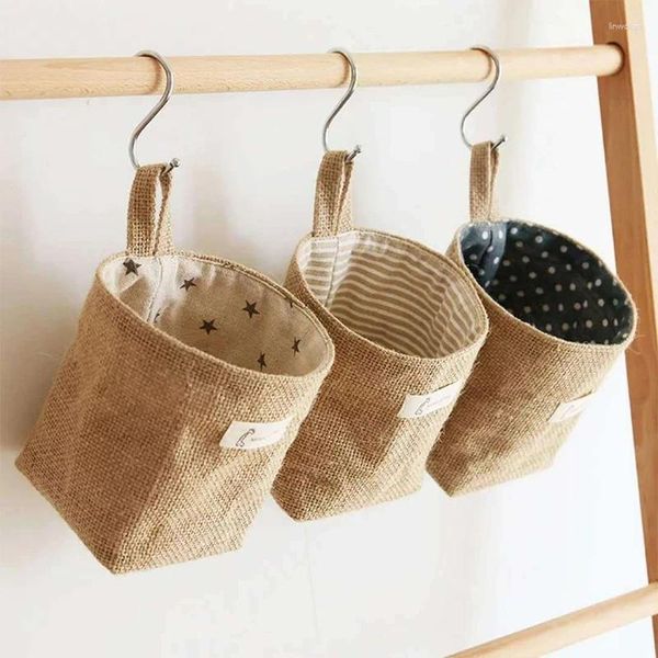 Sacs de rangement Jute Cotton Linen Sac de bureau Panier de bureau Hanging Pocket Organizer Jouet pour coffre à dos cosmétique décor