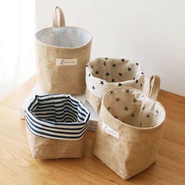 Sacs de rangement Jute Cotton Linn Sac mur de poche suspendue Organisateur de bureau Basket Panier de jouet Cosmetic Box Container Box Home Decor