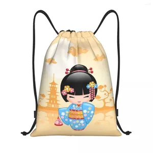 Bolsas de almacenamiento Kawaii Kokeshi Doll Cherry Blossoms Drawstring Backpack Sports Gym Bols