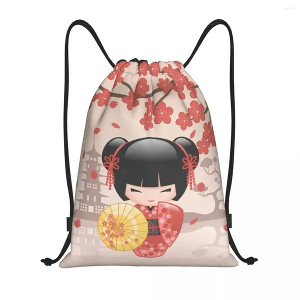 Sacs de rangement Kawaii Kokeshi Doll Cherry Blossoms DrawString for Training Yoga Backpacks Japanese Geisha Girl Art Art Sports Gympack