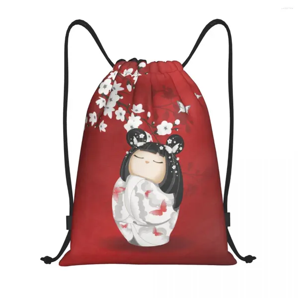 Sacs de rangement Kawaii Kokeshi Doll Cherry Blossoms DrawString Sac à dos Sac de sport pour hommes femmes japonais GIEHA GIRLE ART SHOPPING SACKPACK