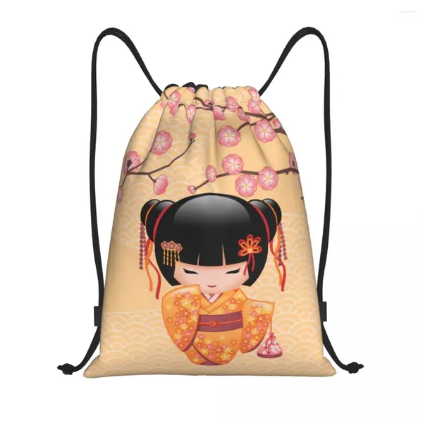 Sacs de rangement Kawaii Kokeshi Doll Cherry Blossoms DrawString sac à dos gymnase sport portable portable Geisha Girl Girl Art Shoping Bag Sac