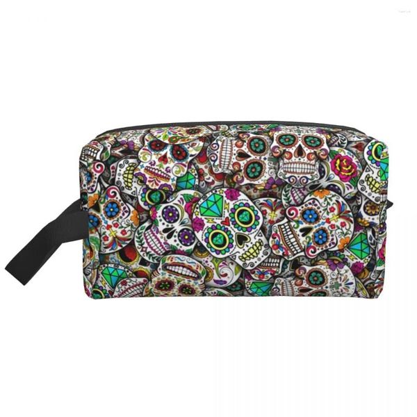 Bolsas de almacenamiento Kawaii Calaveras de azúcar mexicana Bolsas de tocador de viaje Día del arte muerto Organizador de cosmética Beauty Dopp Kit