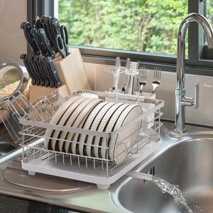 Sacs de rangement Support de séchage de vaisselle de cuisine Égouttoir en acier inoxydable avec porte-ustensile égouttoir