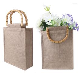 Bolsas de almacenamiento, bolso de mano de yute para cocina, bolso de compras reutilizable para mujer con mango de bambú, organizador de regalos para fiesta de boda, 30 25 10cm