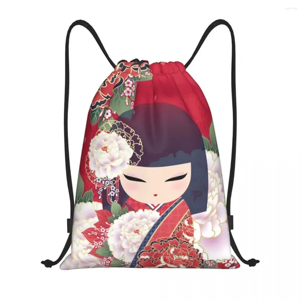 Sacs de rangement Kokeshi Doll Cherry Blossoms DrawString Sac à dos Femmes hommes Gym Sport Sackpack pliable Japanese Girl Art Shoping Bag Sac